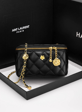 品牌真皮山茶花轻便菱格链条包肩斜挎化妆包迷你盒子包现货女包