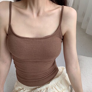 纯欲带胸垫小吊带磨毛背心女秋季修身紧身长款内搭棕色打底衫上衣