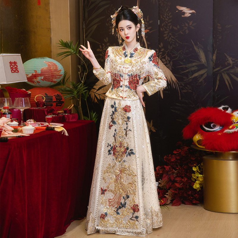 夏季新款秀禾服重工奢华牡丹花新中式嫁衣新娘大码秀禾礼服裙显瘦
