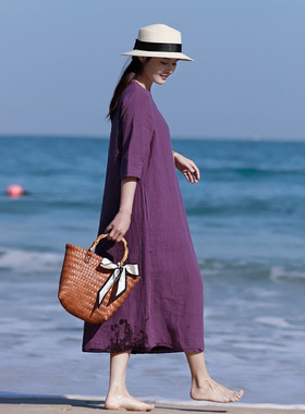 棉麻2023新款亚麻色织v领宽松显瘦文艺复古紫色连衣裙女长款袍子