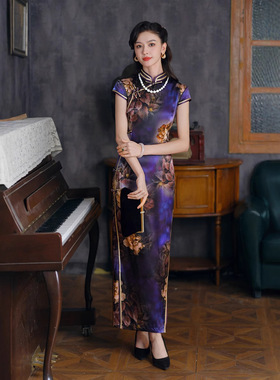 唐之恋紫色桑蚕丝真丝旗袍女中式端喜婆婆礼服连衣裙年轻款2026