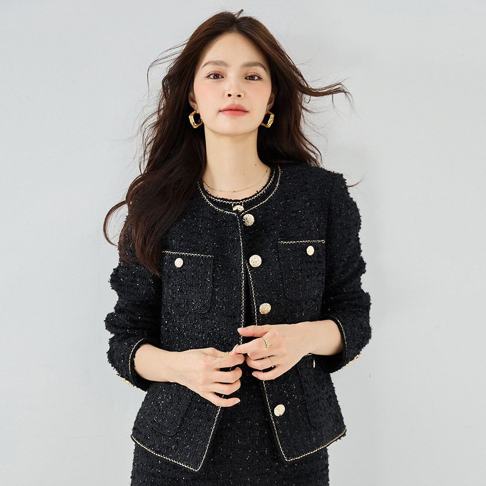 26秋季黑色小香风外套法式背心裙气质编织粗花呢短款上衣套装