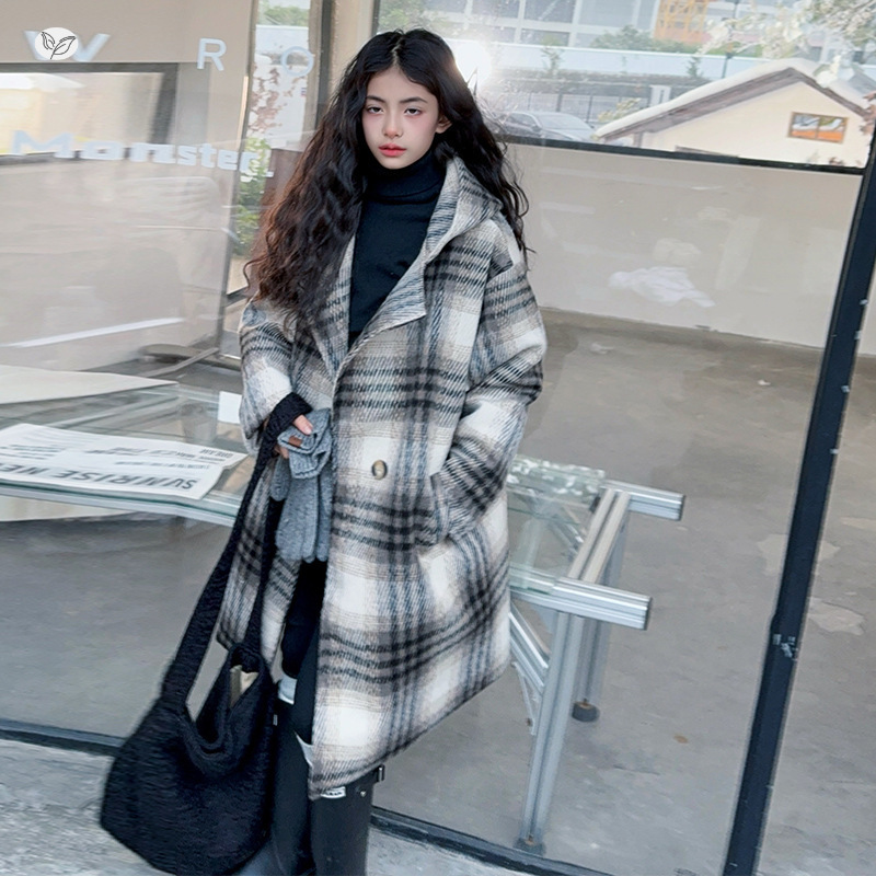 女童2025冬季新款韩系拼色格子连帽呢子大衣女大童中长款韩感上衣，童装外套，祺儿童装