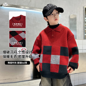 童加厚毛衣2025年秋冬新款中大童休闲翻领针织衫格子拼接打底衫，童装毛衣，祺儿童装