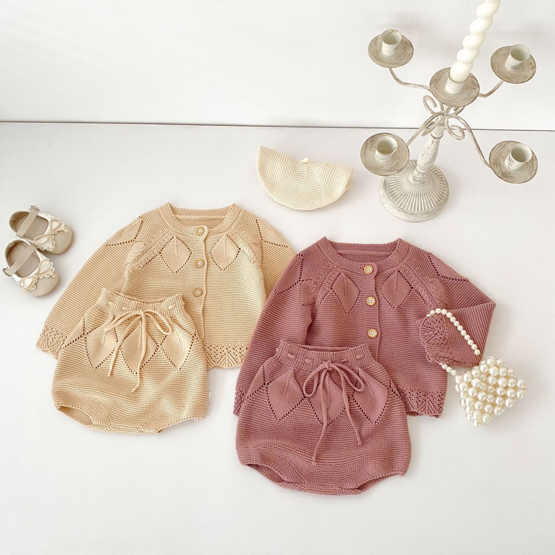 春秋款婴幼儿服装女针织套装挑孔毛线长袖开衫外套+包屁裤