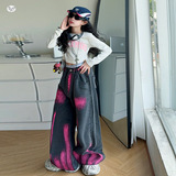 女童美式复古牛仔裤套装2025秋季新款打底衫阔腿裤两件套中大童潮，童装裤子，祺儿童装