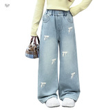女童秋冬加绒牛仔裤2025年新款蝴蝶结刺绣阔腿裤中大童浅蓝色长裤，童装裤子，祺儿童装