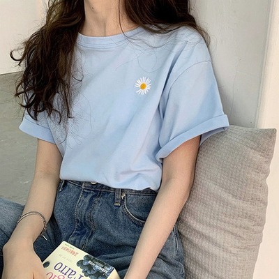 菊花刺绣工艺t恤女东大门新款女装校园风宽松上衣小清新打底衫女