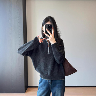 文艺风 100羊毛巨显瘦宽松显瘦气质半拉链连帽毛衣女25冬