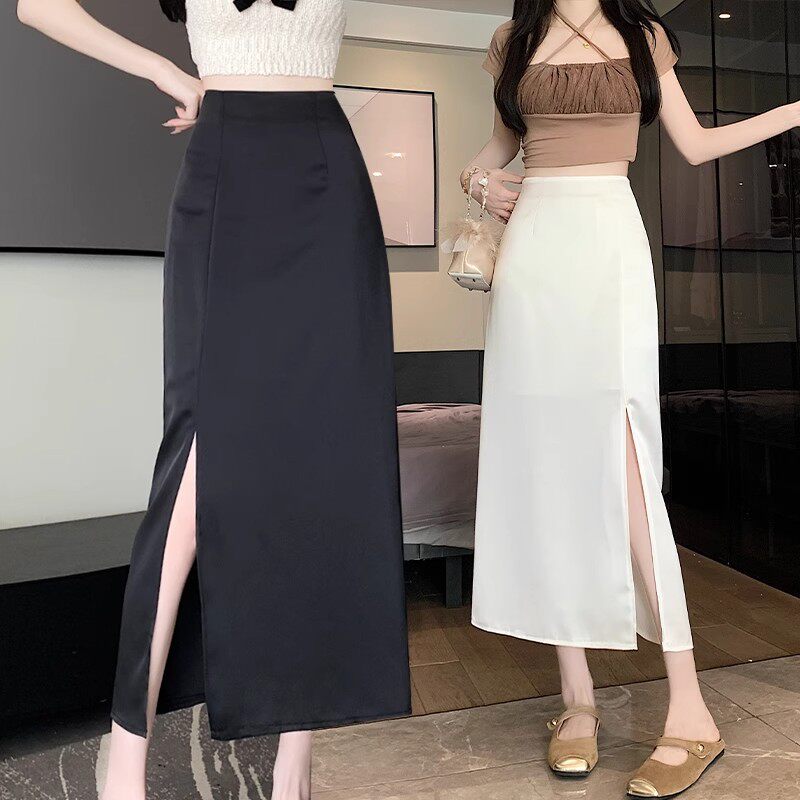 黑色开叉西装半身裙子女装2024年新款夏季薄款中长款腰a字长裙