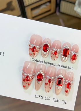 伯克利公主纯手工穿戴甲红色猫眼锆石拼钻手绘爱心美甲贴片指甲片