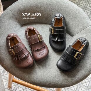 2026春女童英伦风皮鞋29小女孩黑皮鞋儿童复古流苏皮扣单鞋棕色37