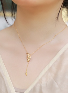 意式拉丝工艺S925纯银镀金项链女简约风个性树叶锁骨链