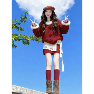 2026超火两件套红色圣诞毛衣女级感女装搭配短裙针织套装三件套