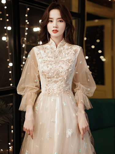 晚礼服女2026新款高端主持人轻奢小众香槟色法式成人礼毕业礼服裙