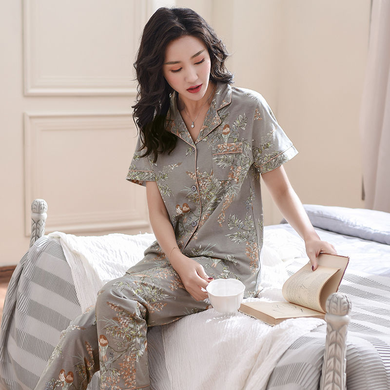 睡衣女夏季100%纯棉短袖长裤家居服女式夏天薄款大码开衫两件套