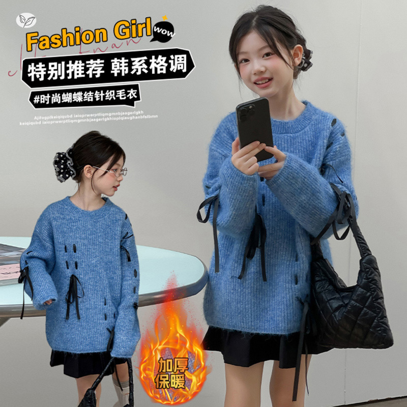 女童2025秋冬加厚圆领毛衣韩版立体蝴蝶结加厚针织上衣女孩打底衫，童装毛衣，祺儿童装