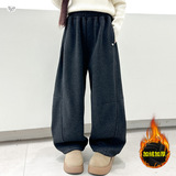 女童加绒卫裤2025年秋冬新款中大童纯色弯刀裤休闲阔腿裤运动长裤，童装裤子，祺儿童装