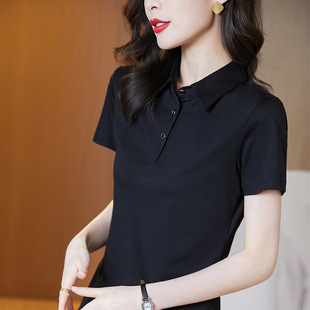 休闲翻领上衣 棉修身 气质polo衫 女2025新款 黑色百搭t恤女春夏短袖
