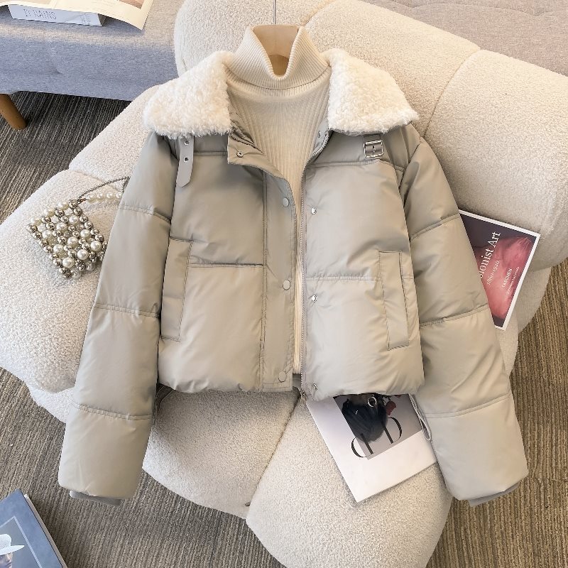 羊羔毛领羽绒棉服女冬季2025新款大码短款面包服加厚保暖棉衣外套