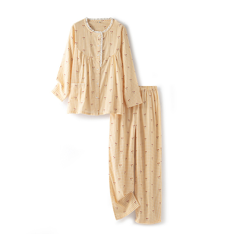 女纯棉双层纱布简约印花长短袖