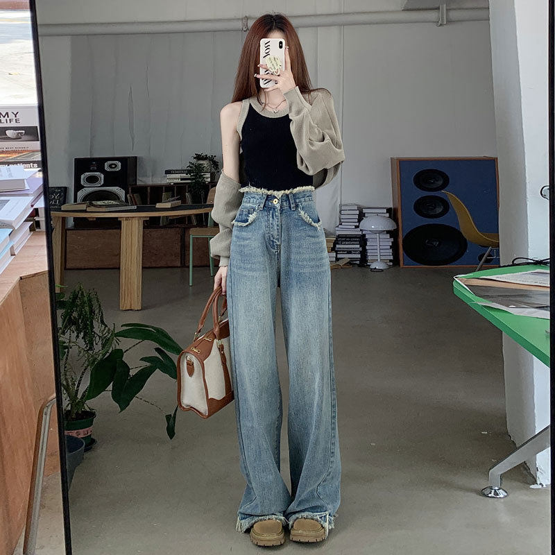 毛边复古牛仔裤女装网红腰宽松百牛仔裤