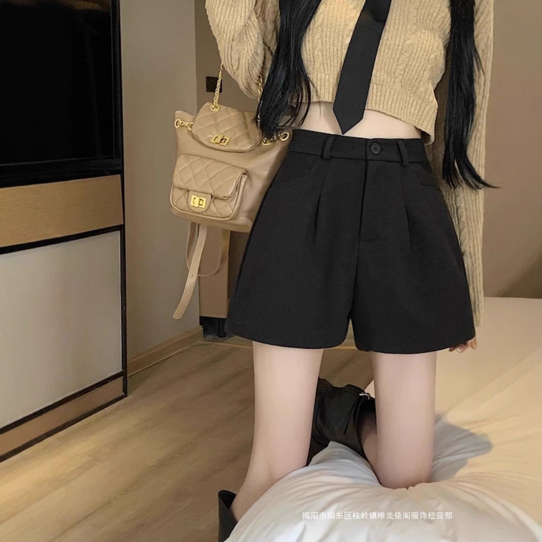 时尚新款毛呢休闲短裤女胖mm裤大码靴腰显瘦阔腿裤秋冬韩版黑色