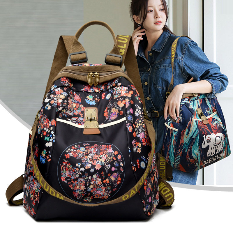 新款时尚女包双肩包大容量民族风花朵女士休闲旅行包斜挎包学生包