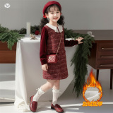 女童小香风连衣裙加绒2025年冬季新款中小儿童娃娃领公主裙新年服，童装连衣裙，祺儿童装