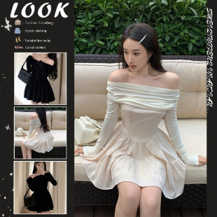 洋气龄收腰a字短裙 新款 温柔风一字领露肩长袖 连衣裙女秋季