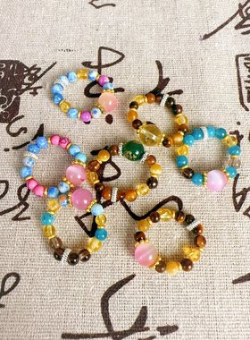 新中式念珠天然水晶戒指招米金霸综合女款虎眼石茶晶黄塔晶多样性