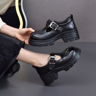 2026春夏新款丁字搭扣跟小皮个子头层牛皮英伦风厚底百搭简约鞋女