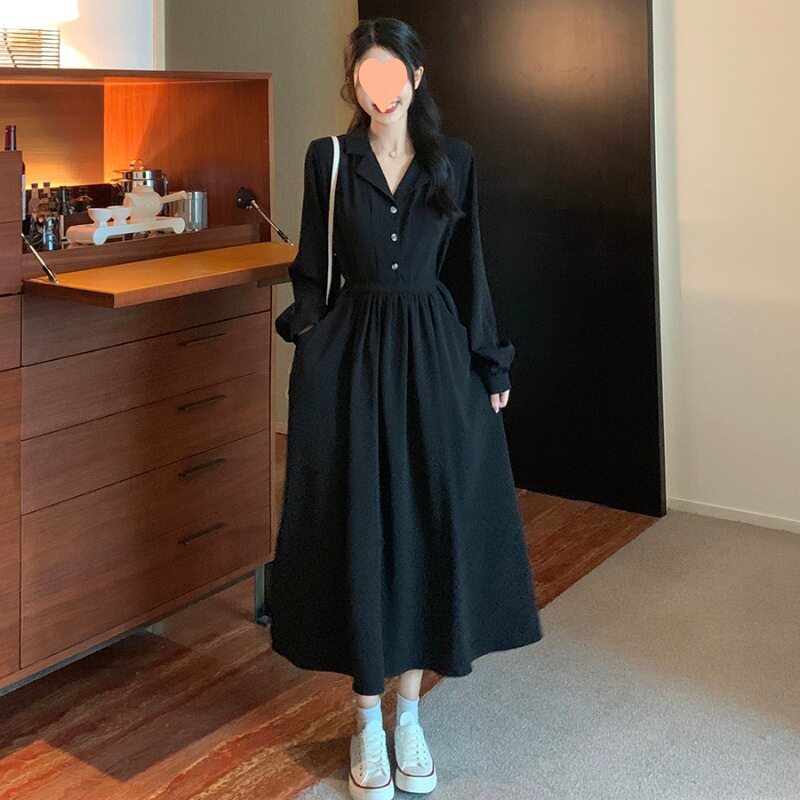法式气质黑色长袖西装V领连衣裙女春秋季慵懒风系带收腰A字长裙子