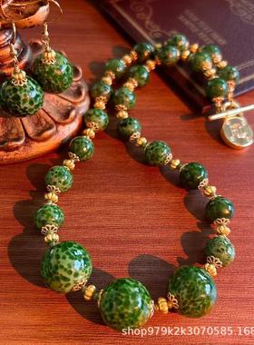 绿色蛙皮琉璃点翠宫廷风新中式饰品 vintage绿色森林复古项链耳环