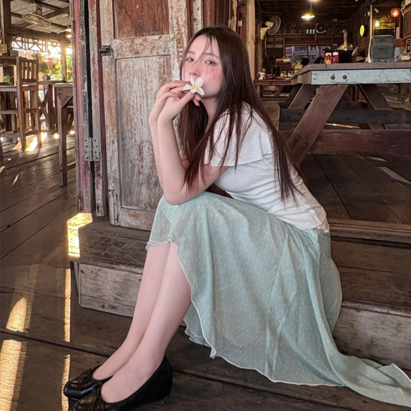 纯欲青色缎面半身裙女夏季新款低腰显瘦中长款A字裙飘逸气质半裙