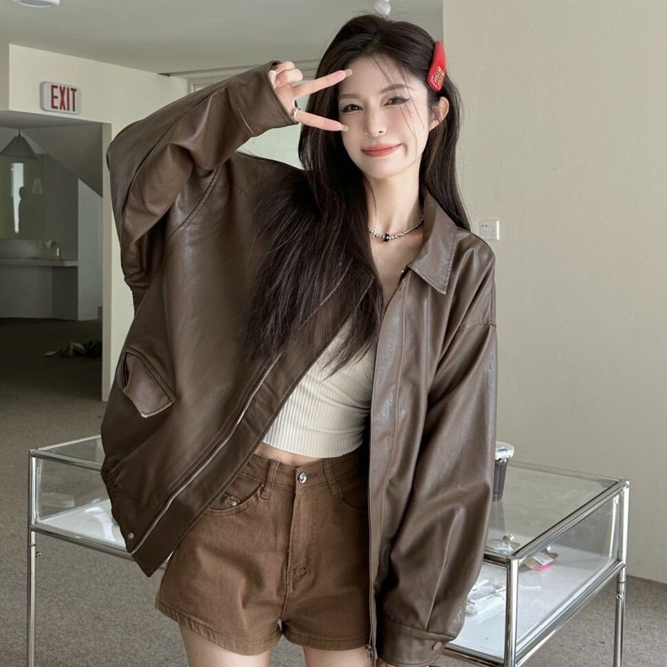 美式复古皮衣夹克外套女秋冬黑色风衣