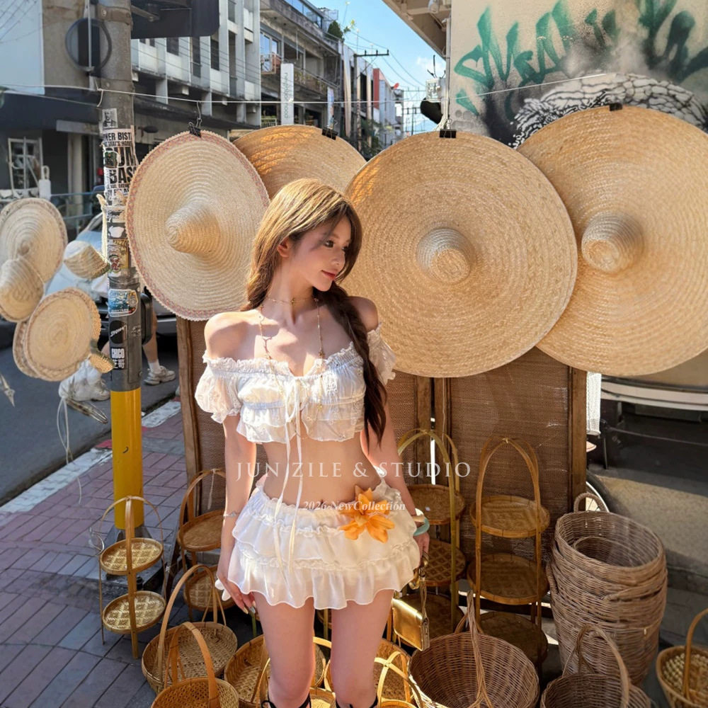 套装女夏两件套搭辣妹一字肩绣花白色短款露脐上衣低腰蛋糕裙短裙
