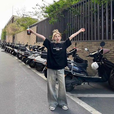 美式潮牌胖mm黑色大码短袖T恤女夏季宽松小众设计感复古情侣上衣