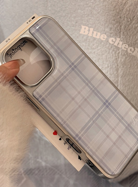 AceCase蓝色格纹适用16苹果15promax手机壳iphone14滴胶13韩系15电镀防摔