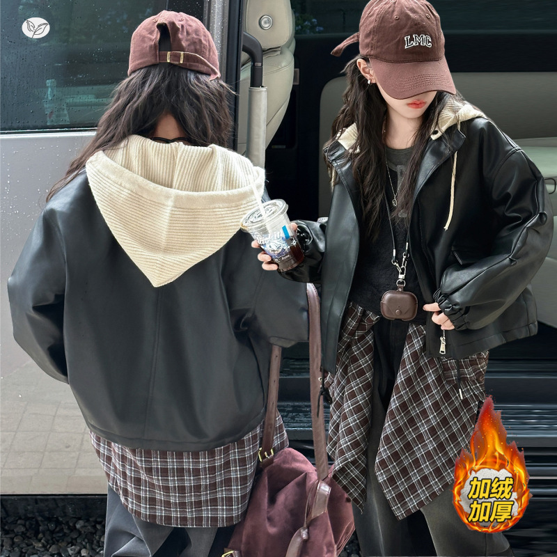 女童机车服外套2025新款大童秋冬皮夹克毛线针织连帽皮衣加绒保暖,童装夹克,祺儿童装 女童机车服外套2025新款大童秋冬皮夹克毛线针织连帽皮衣加绒保暖,童装夹克,祺儿童装