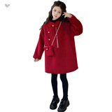 女童2025年冬季新款年服新中式盘扣加绒毛呢大衣女大童风拜年服，童装外套，祺儿童装