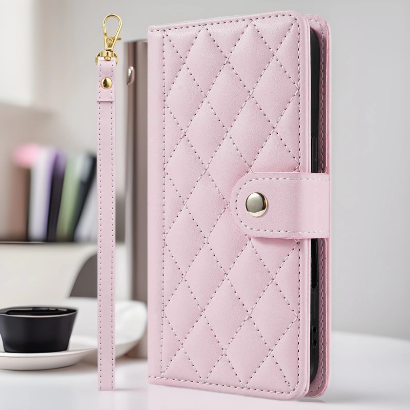 适用苹果15ProMax菱形皮套16E小香风13Pro全包手机壳iPhone14钱夹保护套7/8插卡XS挂绳皮壳ip12/11防摔壳