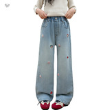 女童2025年秋冬季新款多个小卡通图案刺绣牛仔裤女大童加厚阔腿裤，童装裤子，祺儿童装