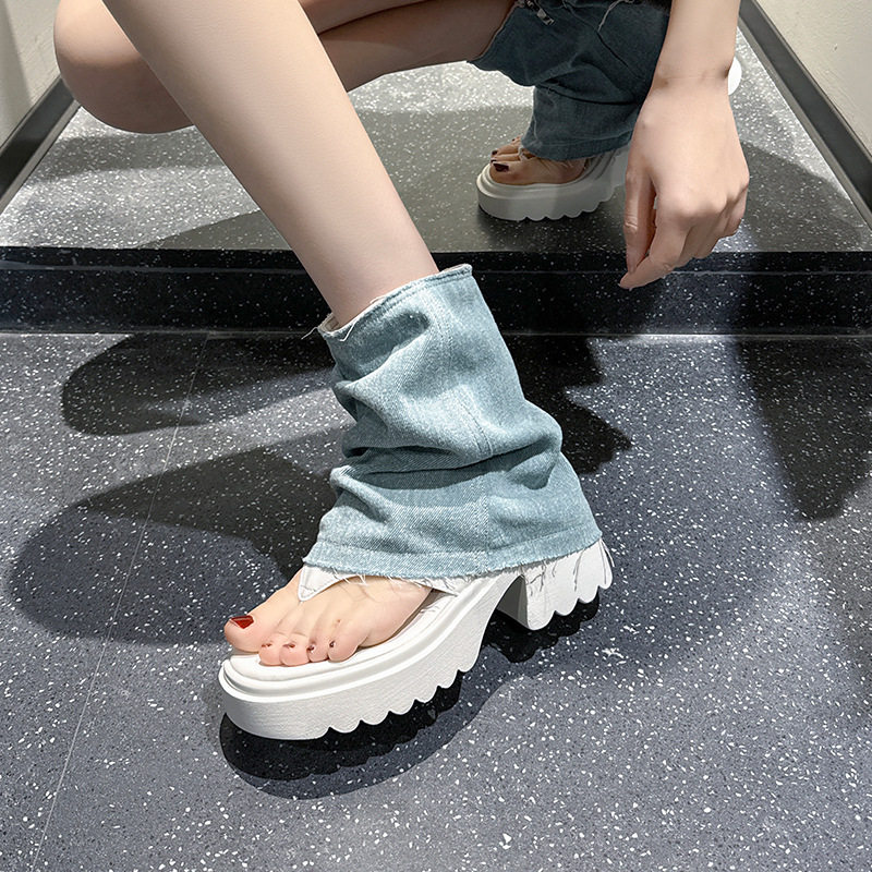 小众设计感春夏新款凉鞋女厚底增高裤管靴小众罗马鞋夹脚凉靴短靴