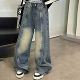 女童美式拼接拖地牛仔裤2025秋装新款中大童宽松阔腿直筒裤垂感潮，童装裤子，祺儿童装