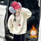 女童一体绒毛衣2025年秋冬新款波点针织衫中大童甜美撞色花边上衣，童装毛衣，祺儿童装