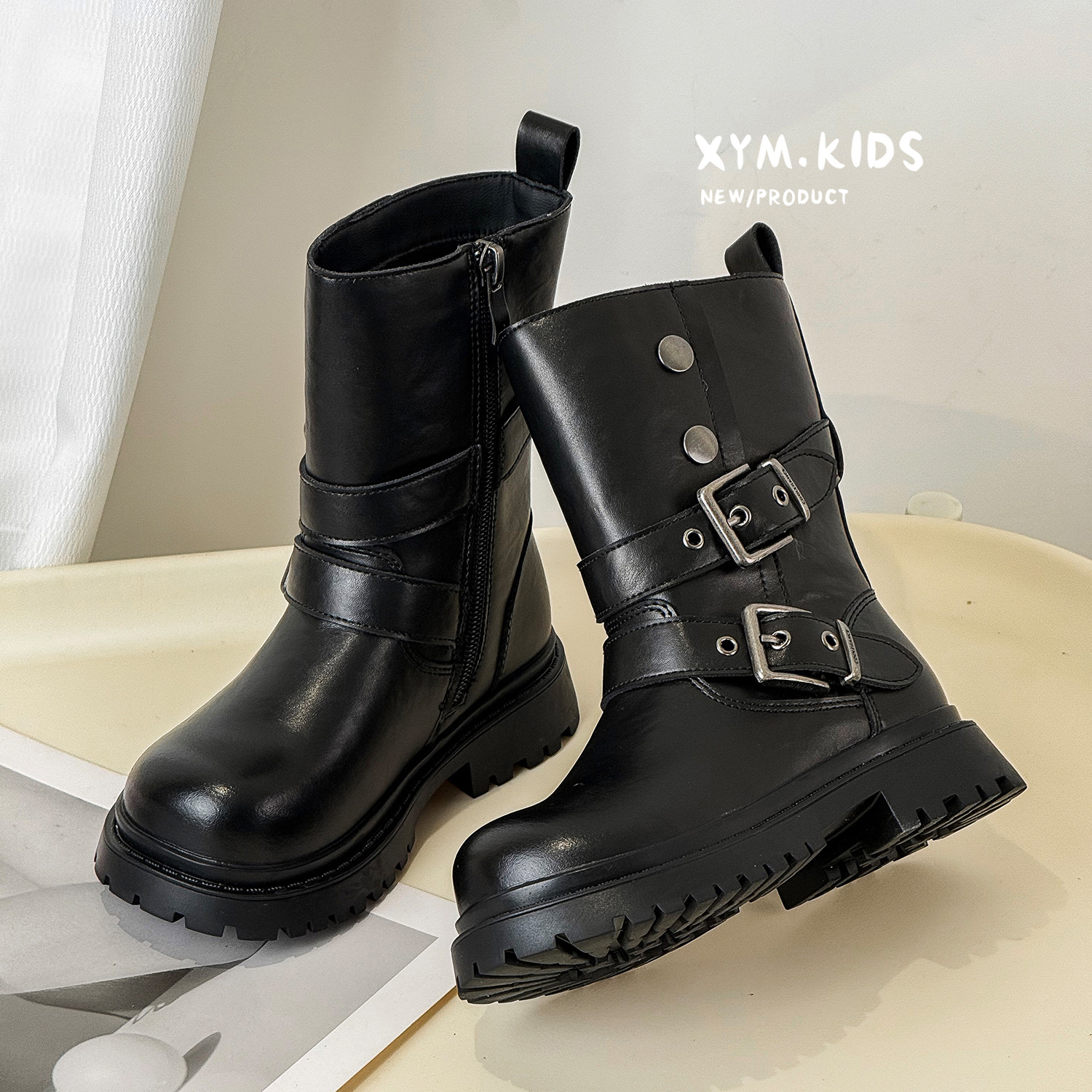 女童靴子英伦风单靴2025秋季新款儿童中筒靴机车靴韩版黑色皮靴子