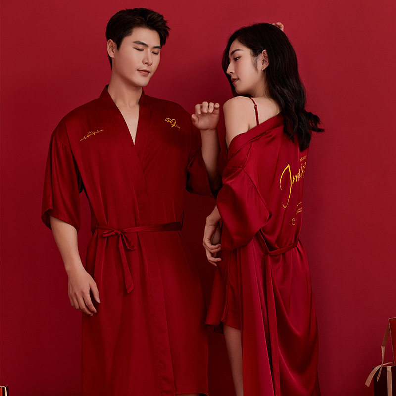 缎面冰丝红色新娘新郎晨袍结婚男女短袖睡袍短裤吊带套装黑色睡衣