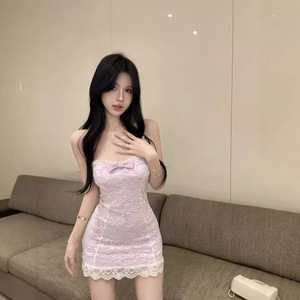 纯欲风气质辣妹气质性感紧身显瘦蕾丝花边蝴蝶结别致夜店连衣裙女