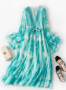 女装真丝连衣裙海边度假V领钉珠奢华桑蚕丝长裙86042